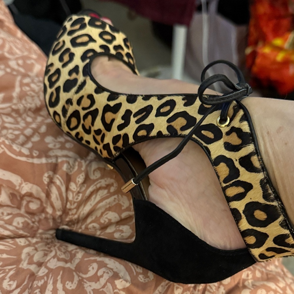 bebe Venezia Leopard Print Heels with Black Accents